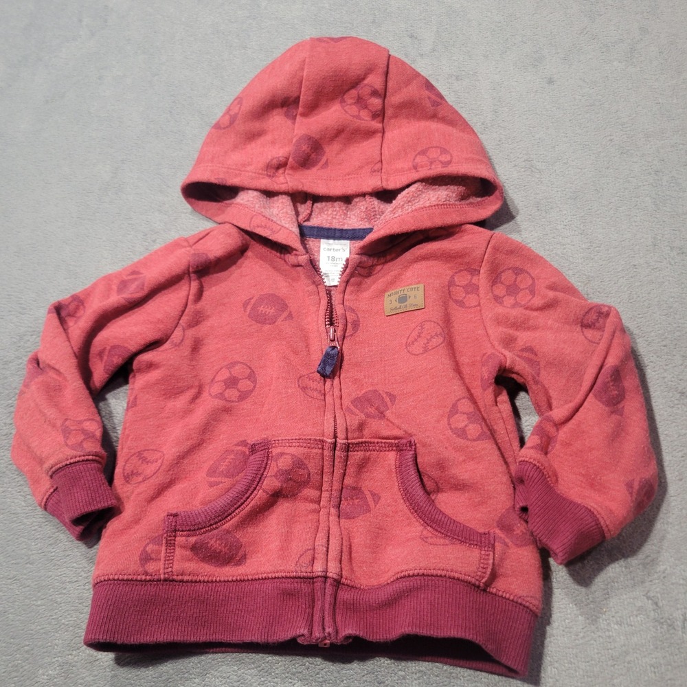 Carter's Hoodie Kids 18M Red Sports Print Full Zip Mighty Cute Fleece Sweatshirt